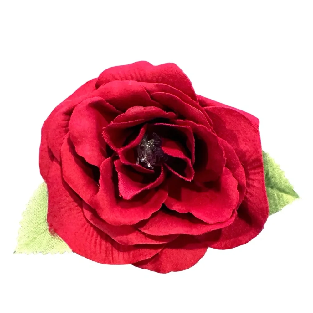 VINTAGE RED FABRIC ROSE FLOWER BROOCH